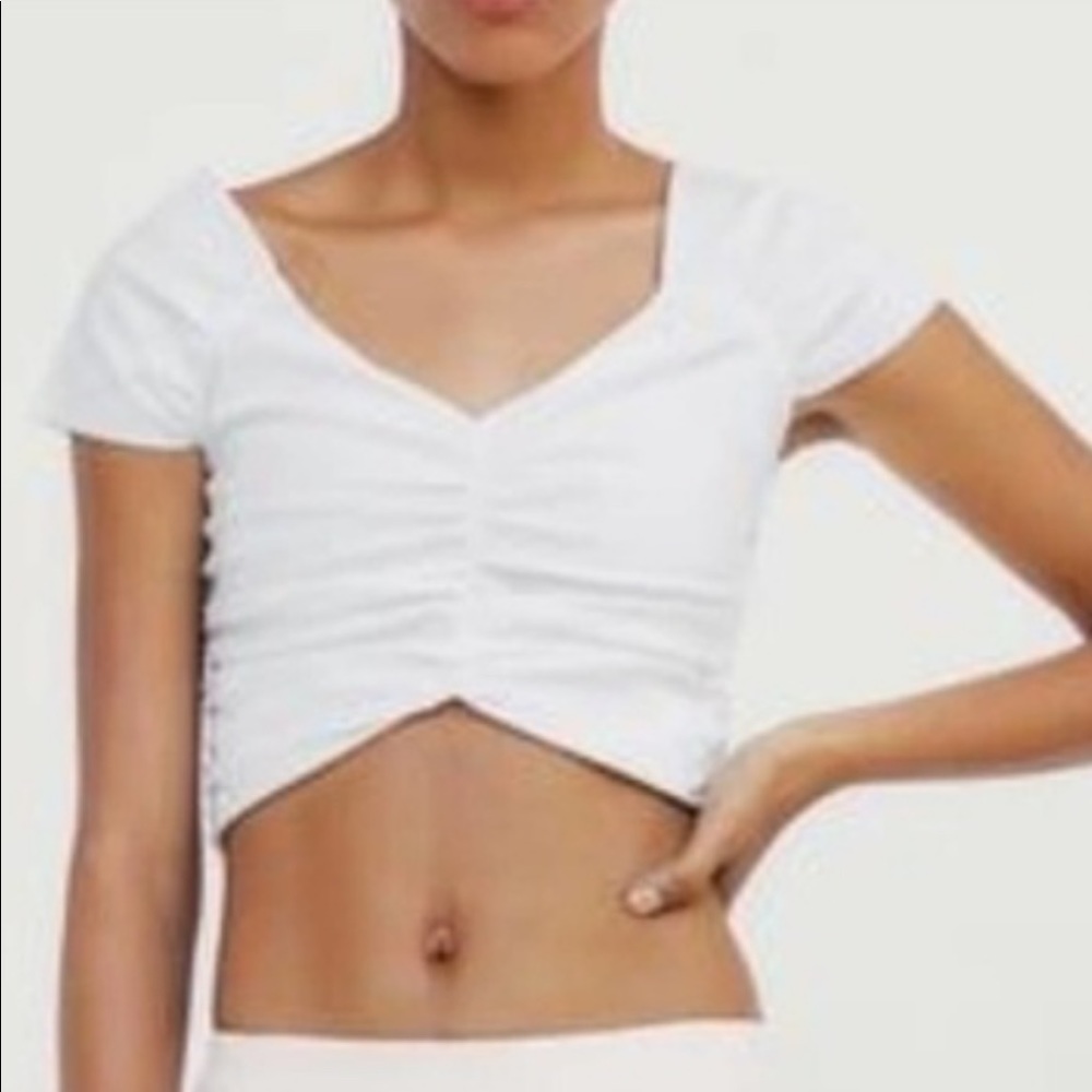 zara ruched cap sleeve off the shoulder top
